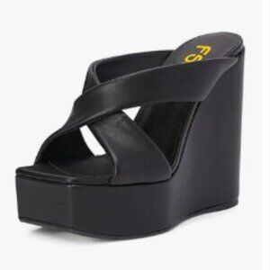 FSJ Black Platform High Heel Wedge Peep Toe Slip On Mules Cross Wide Band Sandal